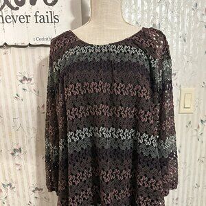 Kim Rogers Women's Striped 3/4 Sleeve Blouse Pleated Neckline Puple Gray Size 3X
